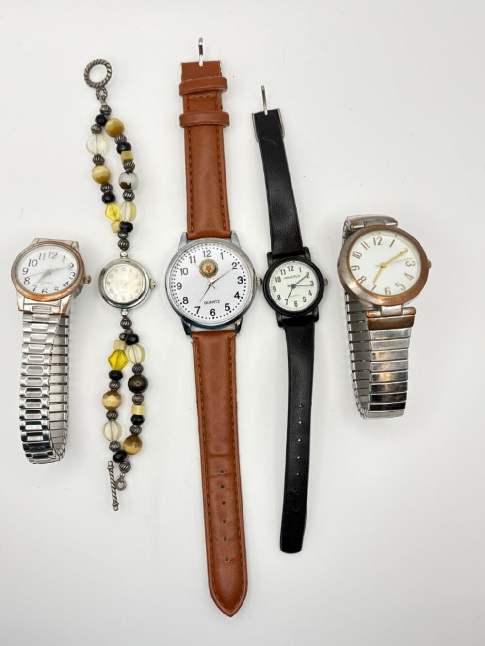 Lot of 5 Mens Womens Quartz Wristwatches Stretch Band Beaded Strap Aquatech